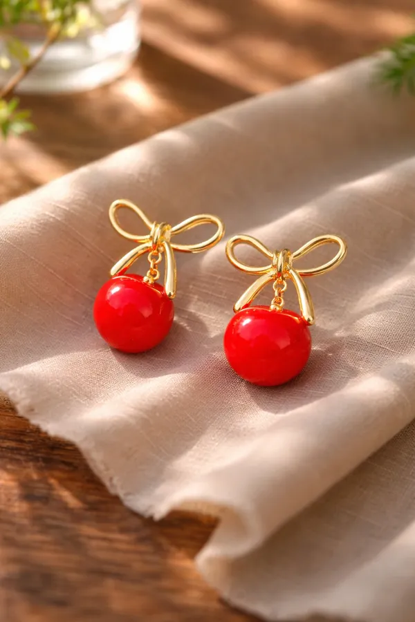 Red_Elegant_Cherry_Drop_Earrings_With_Golden_Bow_For_Women