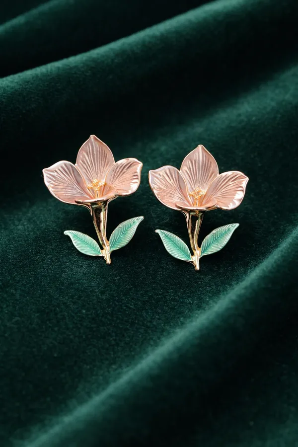 Pink_Flower_Stud_Earrings_With_Green_Leaves_And_Gold_Finish_For_Women