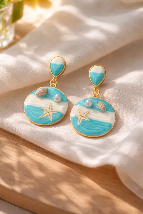 Blue_Seaside_Serenity_Drop_Earrings_Beach_Themed_Turquoise_And_Gold_Dangle_With_Starfish_Shell_Accents_For_Women