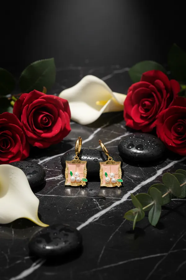 Multicolour_Elegant_Gold_Plated_Floral_Pearl_Frame_Earrings_With_Green_Enamel_Accents_For_Women