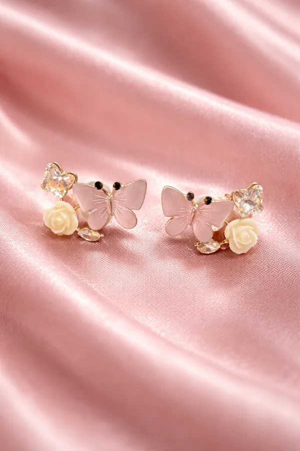White_Pink_Butterfly_And_Rose_Stud_Earrings_With_Crystal_Accents_For_Women