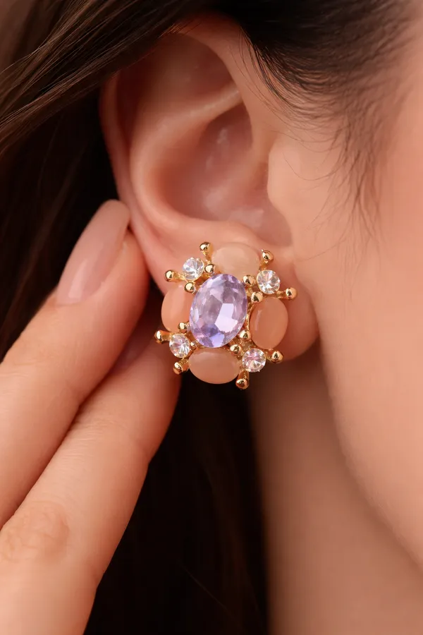 White_And_Orange_Elegant_Purple_Gemstone_Cluster_Stud_Earrings_With_Peach_Accents_For_Women