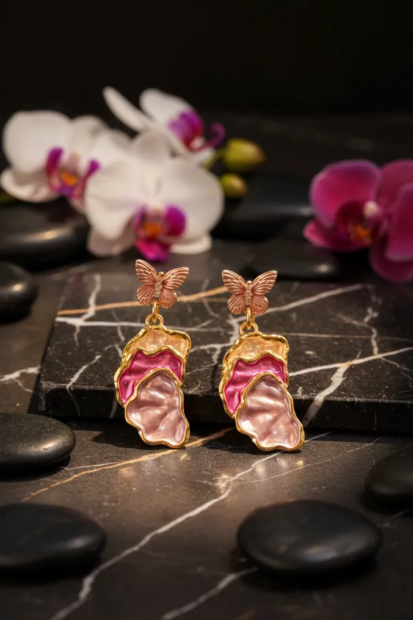 Pink_Butterfly_Shell_Drop_Earrings_With_Gold_Trim_For_Women