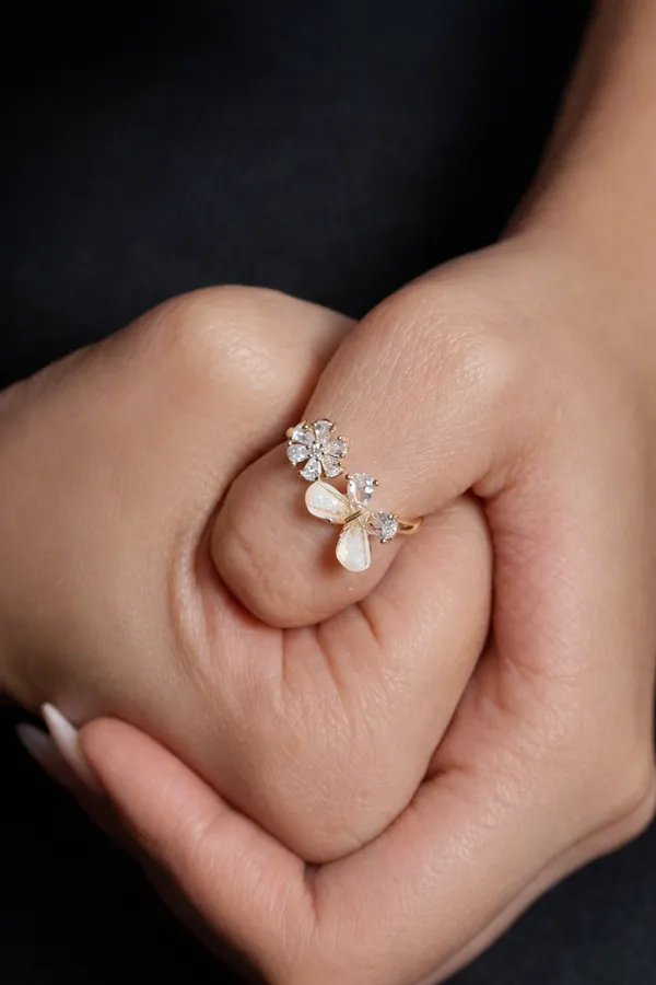White_Elegant_Butterfly_And_Flower_Open_Ring_With_Rose_Gold_Finish_For_Women