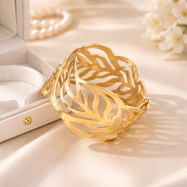 Gold_Plated_Leaf_Design_Statement_Bracelet_For_Women