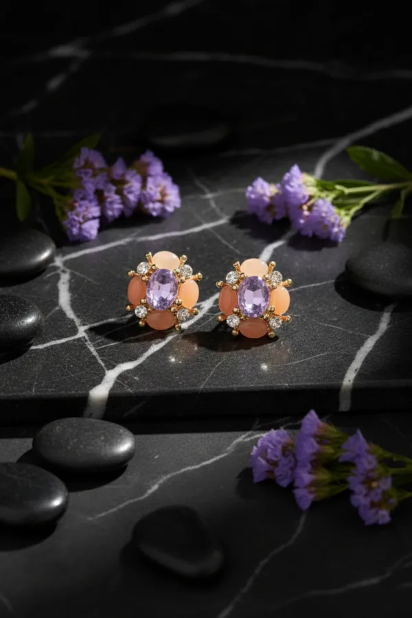 White_And_Orange_Elegant_Purple_Gemstone_Cluster_Stud_Earrings_With_Peach_Accents_For_Women