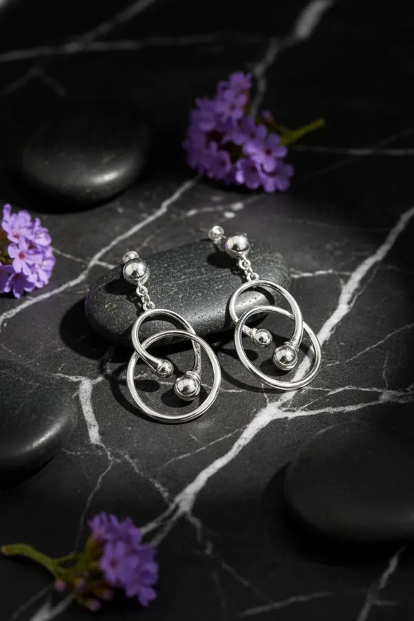 Silver_Interlocking_Circle_Tone_Drop_Earrings_With_Ball_Accents_For_Women
