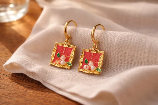Red_Floral_Window_Frame_Enamel_Dangle_Earrings_For_Women