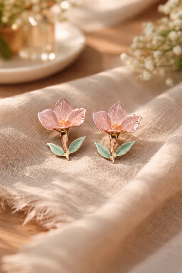 Pink_Flower_Stud_Earrings_With_Green_Leaves_And_Gold_Finish_For_Women