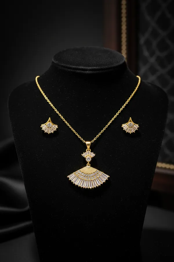 Golden_Elegant_Fan_Shaped_Cz_Pendant_Necklace_Set_With_Matching_Earrings_Gold_Plated_For_Women