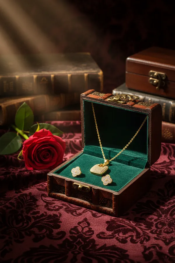 Gold_Plated_Cubic_Zirconia_Lock_Pendant_Necklace_And_Clover_Stud_Earrings_Set_For_Women