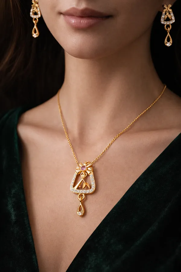 Gold_Plated_Triangle_Pendant_Necklace_Set_With_Earrings_For_Women