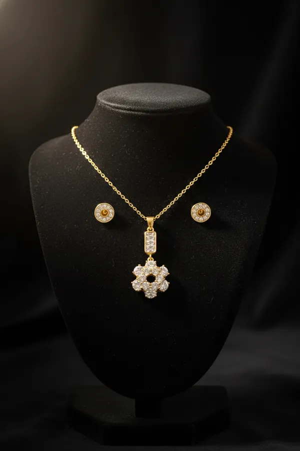White_Crystal_Flower_Pendant_Necklace_With_Matching_Earrings_Set_For_Women