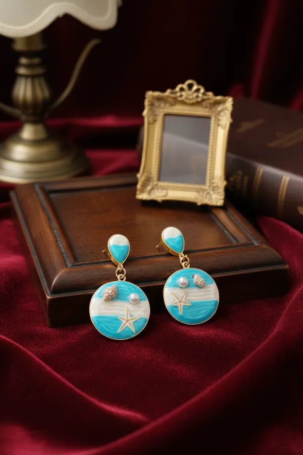 Blue_Seaside_Serenity_Drop_Earrings_Beach_Themed_Turquoise_And_Gold_Dangle_With_Starfish_Shell_Accents_For_Women