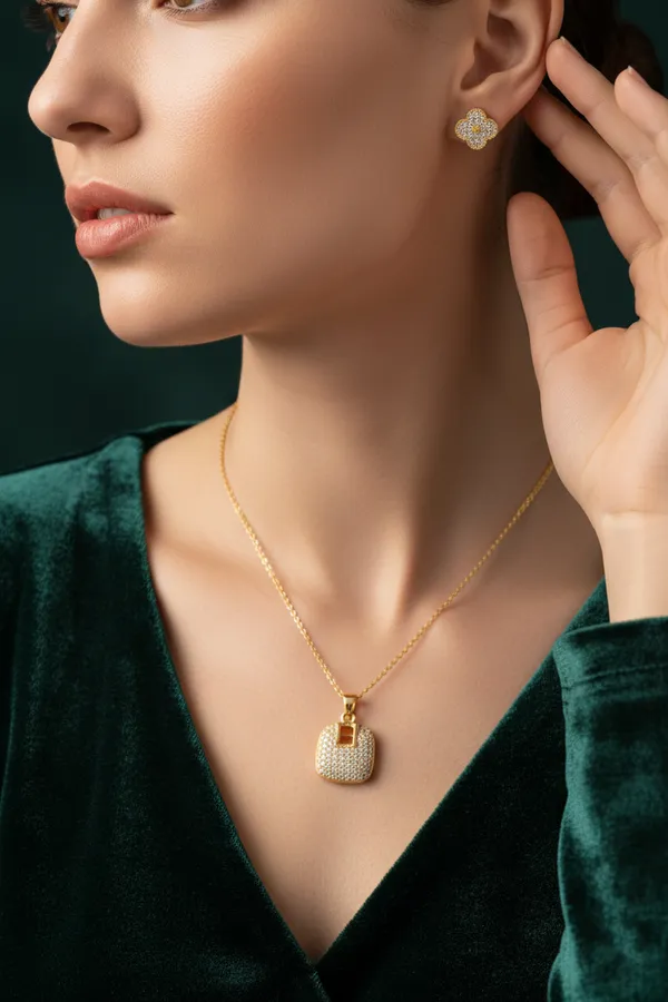 Gold_Plated_Cubic_Zirconia_Lock_Pendant_Necklace_And_Clover_Stud_Earrings_Set_For_Women