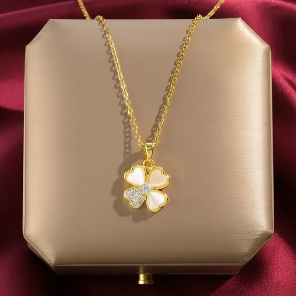 White_Gold_Plated_Four_Leaf_Clover_Pendant_Necklace_With_Cat_Eye_Stones_For_Women
