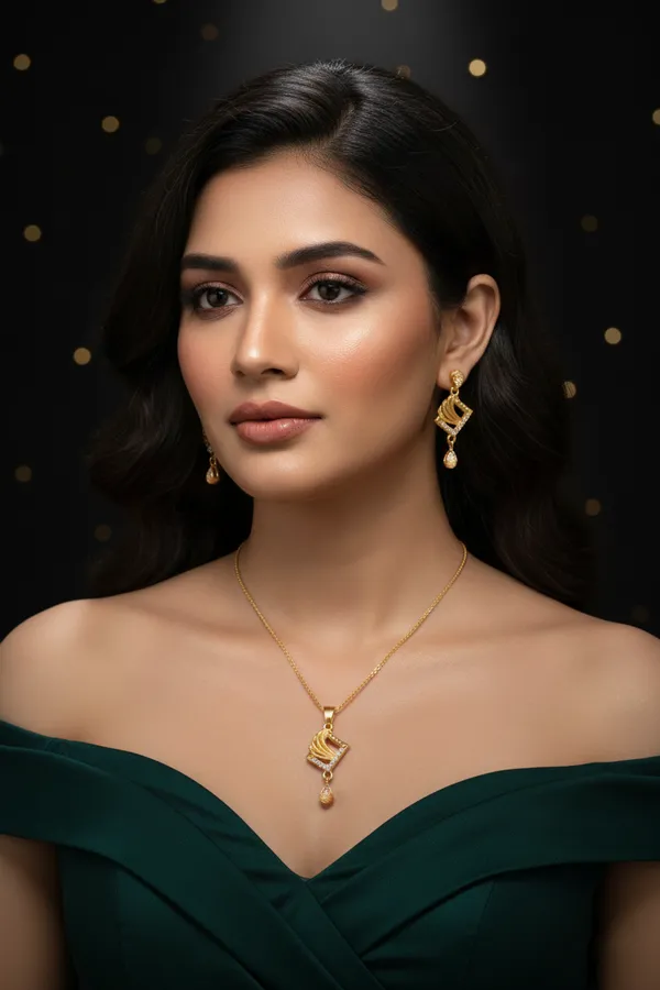 Golden_Elegant_Gold_Plated_Pendant_Necklace_Set_With_Matching_Earrings_For_Women