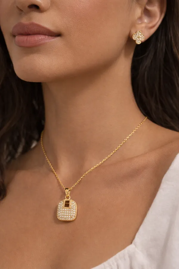 Gold_Plated_Cubic_Zirconia_Lock_Pendant_Necklace_And_Clover_Stud_Earrings_Set_For_Women