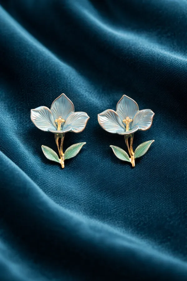 Light_Blue_Elegant_Flower_Enamel_Stud_Earrings_With_Gold_Accents_And_Green_Leaves_For_Women