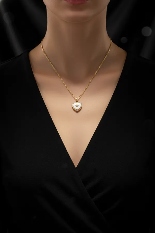 White_Elegant_Heart_Star_Pendant_Necklace_With_Gold_Plating_And_Crystal_Border_For_Women