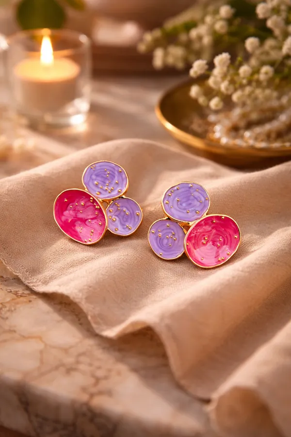 Light_And_Dark_Pink_Floral_Enamel_Stud_Earrings_Purple_Trio_For_Women