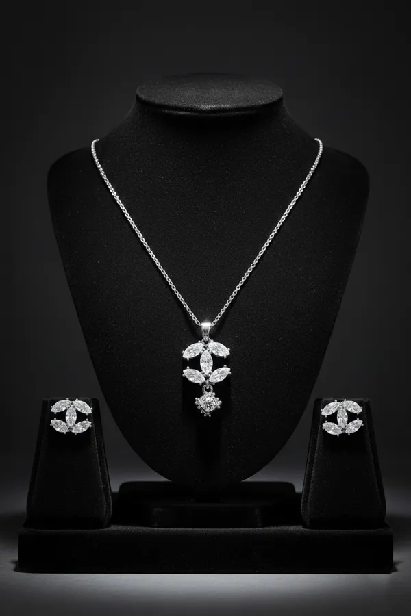 Silver_Sparkling_Crystal_Floral_Pendant_Necklace_And_Earrings_Set_For_Women
