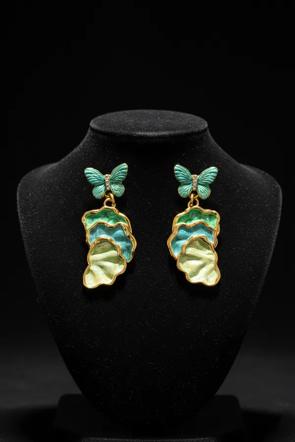 Green_Butterfly_Layered_Drop_Earrings_With_Gold_Trim_For_Women