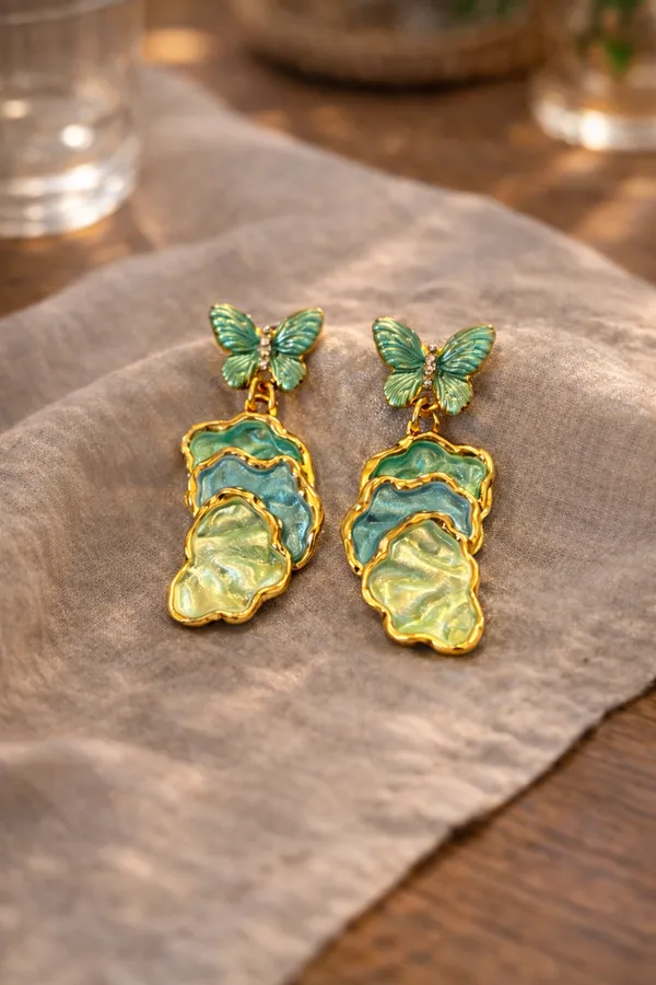 Green_Butterfly_Layered_Drop_Earrings_With_Gold_Trim_For_Women