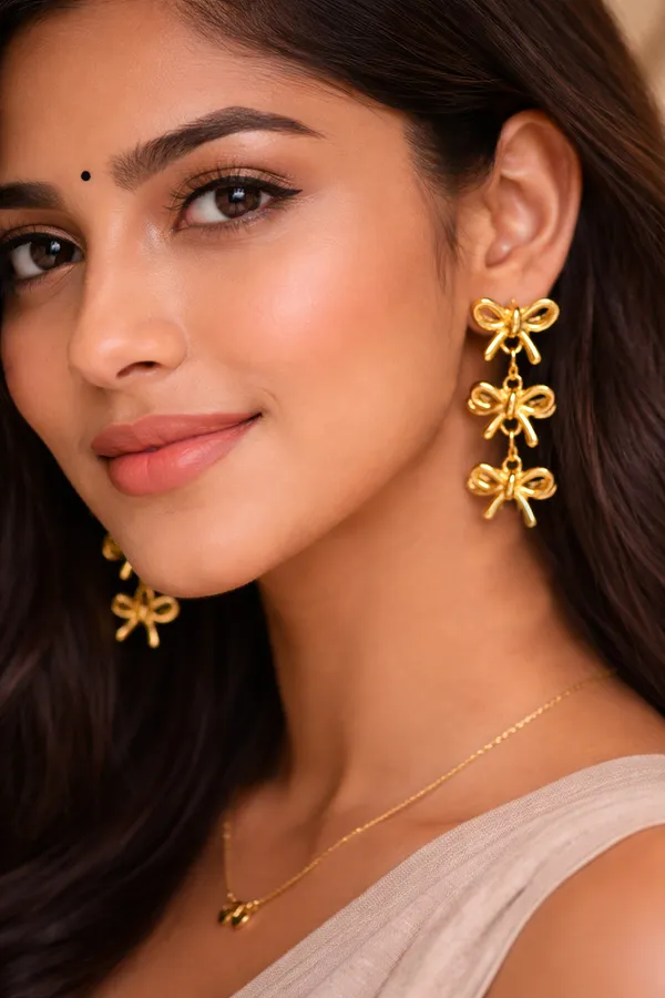 Golden_Triple_Bow_Drop_Earrings_For_Women
