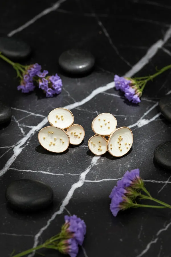 White_Elegant_Button_Design_Stud_Earrings_With_Gold_Accents_For_Women
