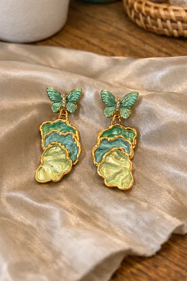 Green_Butterfly_Layered_Drop_Earrings_With_Gold_Trim_For_Women
