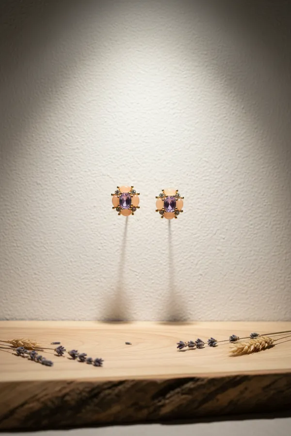 White_And_Orange_Elegant_Purple_Gemstone_Cluster_Stud_Earrings_With_Peach_Accents_For_Women