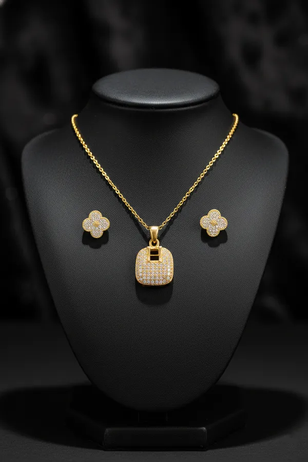 Gold_Plated_Cubic_Zirconia_Lock_Pendant_Necklace_And_Clover_Stud_Earrings_Set_For_Women