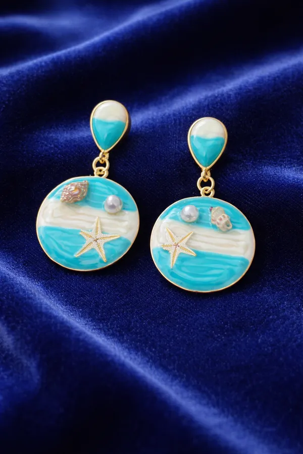 Blue_Seaside_Serenity_Drop_Earrings_Beach_Themed_Turquoise_And_Gold_Dangle_With_Starfish_Shell_Accents_For_Women