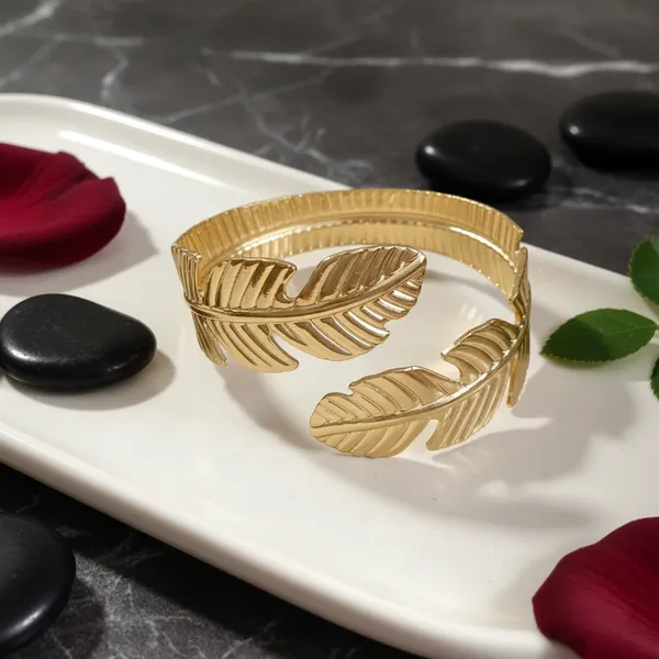 Gold_Plated_Feather_Design_Adjustable_Cuff_Bracelet_For_Women