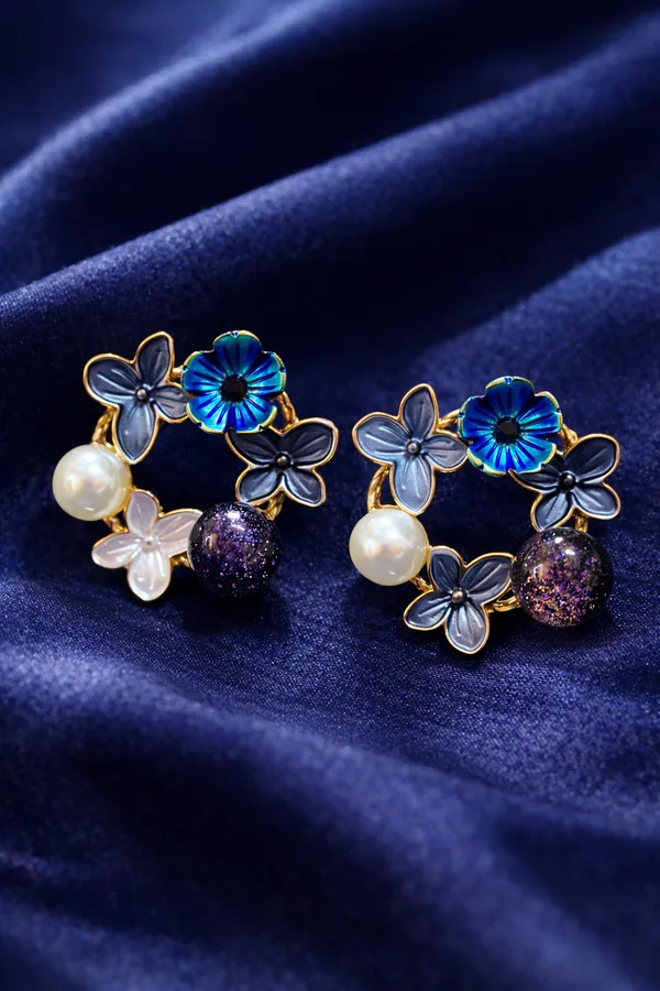 Blue_Floral_Wreath_Earrings_With_Pearl_And_Sparkle_Accents_For_Women