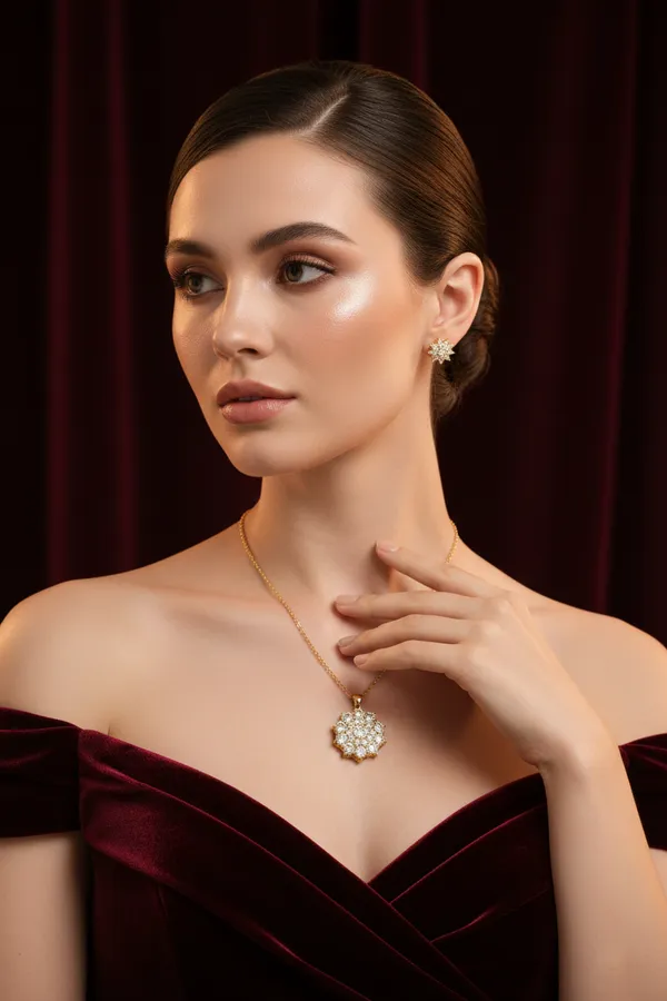 White_Elegant_Gold_Plated_Floral_Crystal_Pendant_Necklace_And_Earrings_Set_For_Women