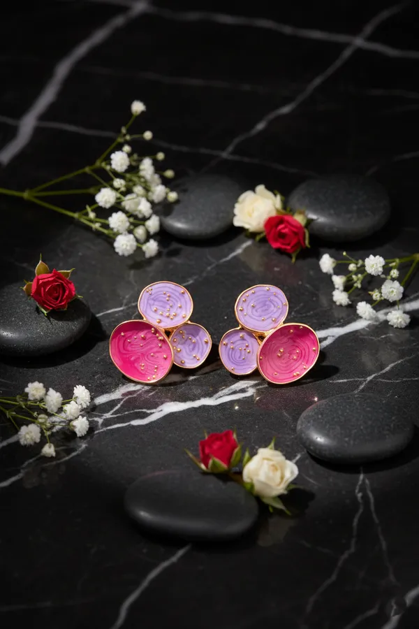 Light_And_Dark_Pink_Floral_Enamel_Stud_Earrings_Purple_Trio_For_Women