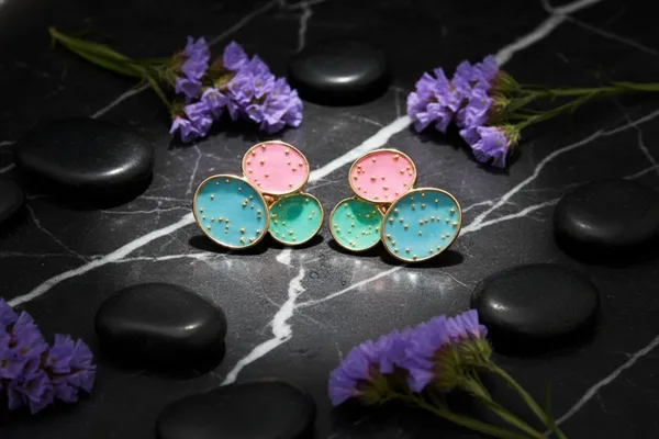 Multicolour_Pastel_Pink_And_Blue_Geometric_Circle_Stud_Earrings_With_Gold_Specks_For_Women