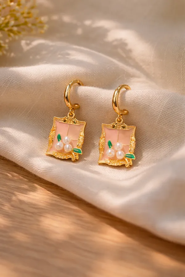 Multicolour_Elegant_Gold_Plated_Floral_Pearl_Frame_Earrings_With_Green_Enamel_Accents_For_Women