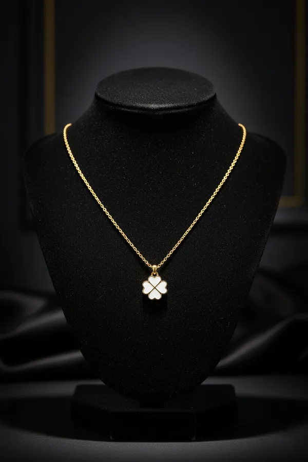 White_Clover_Four_Leaf_Enamel_Pendant_Necklace_With_Gold_Chain_For_Women