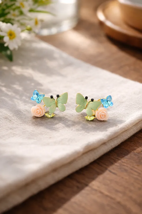 Multicolour_Butterfly_And_Floral_Stud_Earrings_Green,_Pink_Blue_For_Women
