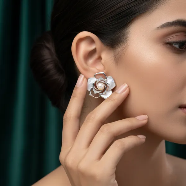 Silver_Elegant_Mother_Of_Pearl_Flower_Stud_Earrings_With_Center_For_Women