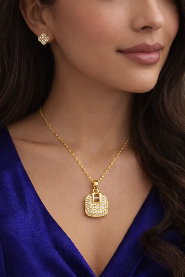 Gold_Plated_Cubic_Zirconia_Lock_Pendant_Necklace_And_Clover_Stud_Earrings_Set_For_Women