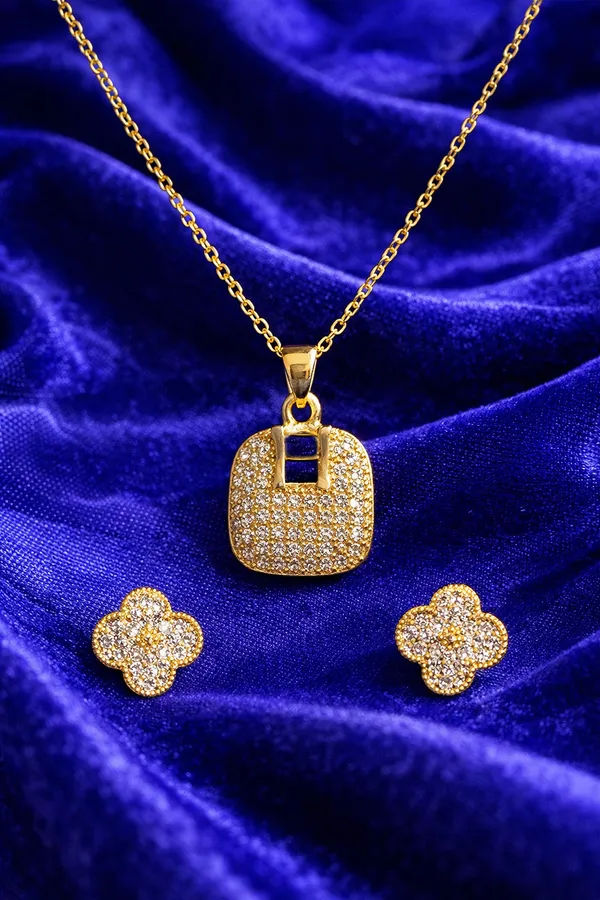 Gold_Plated_Cubic_Zirconia_Lock_Pendant_Necklace_And_Clover_Stud_Earrings_Set_For_Women