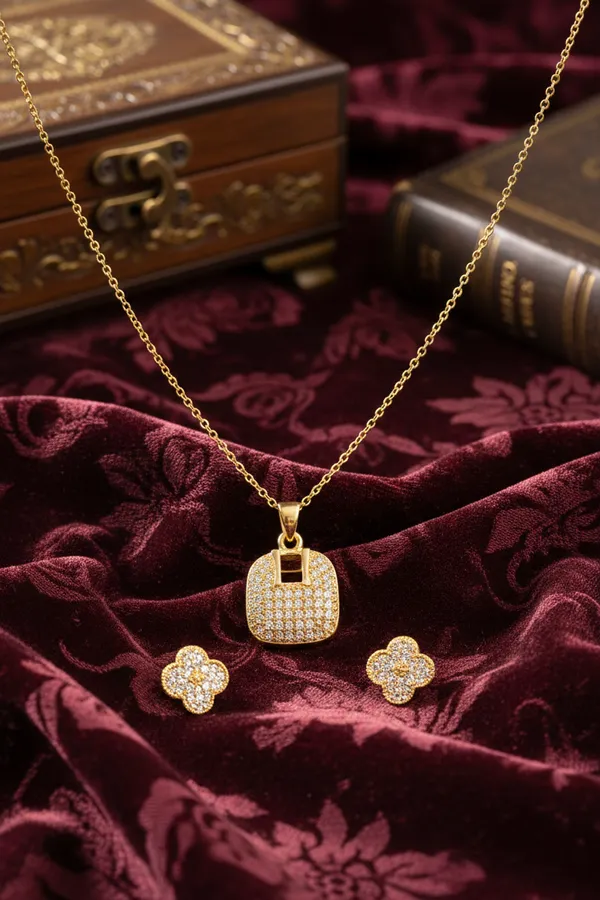 Gold_Plated_Cubic_Zirconia_Lock_Pendant_Necklace_And_Clover_Stud_Earrings_Set_For_Women