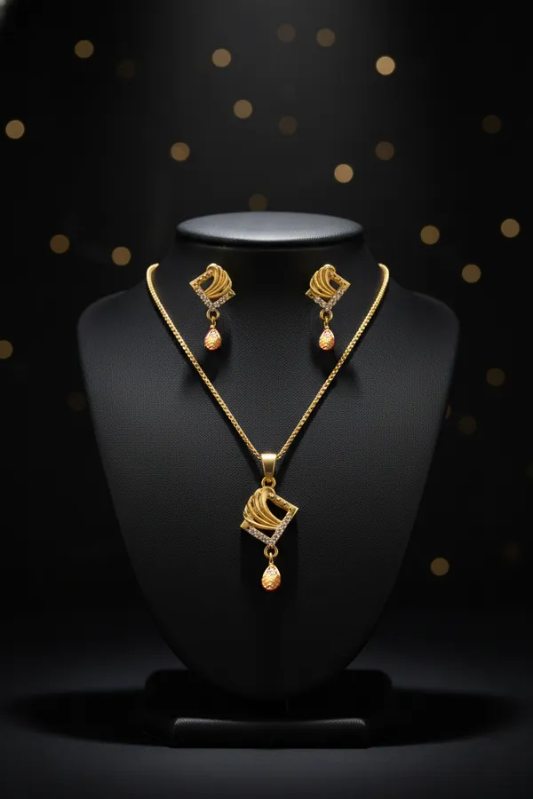 Golden_Elegant_Gold_Plated_Pendant_Necklace_Set_With_Matching_Earrings_For_Women