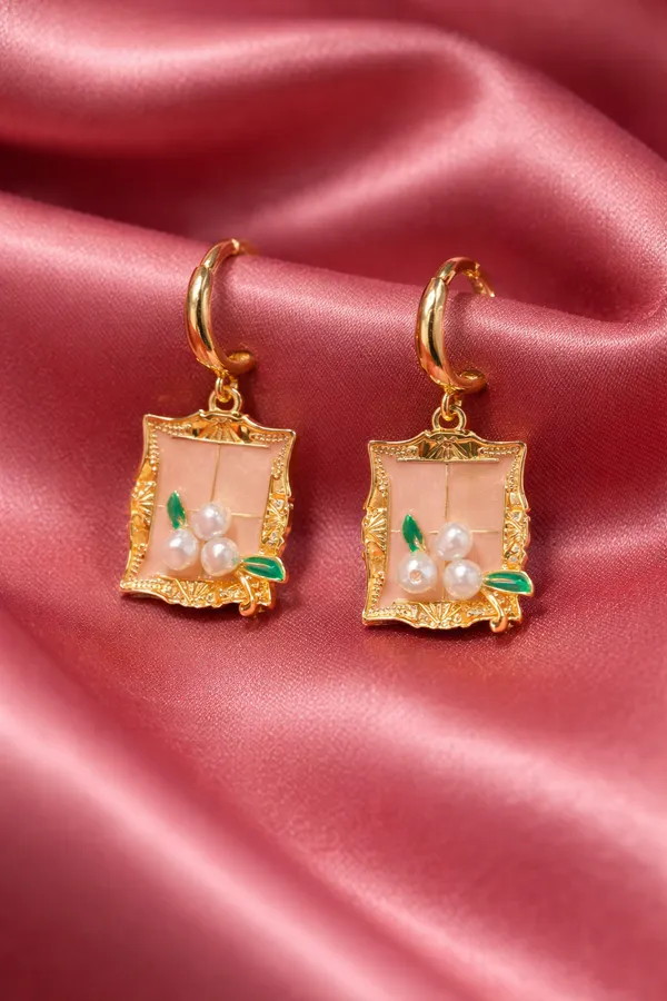 Multicolour_Elegant_Gold_Plated_Floral_Pearl_Frame_Earrings_With_Green_Enamel_Accents_For_Women