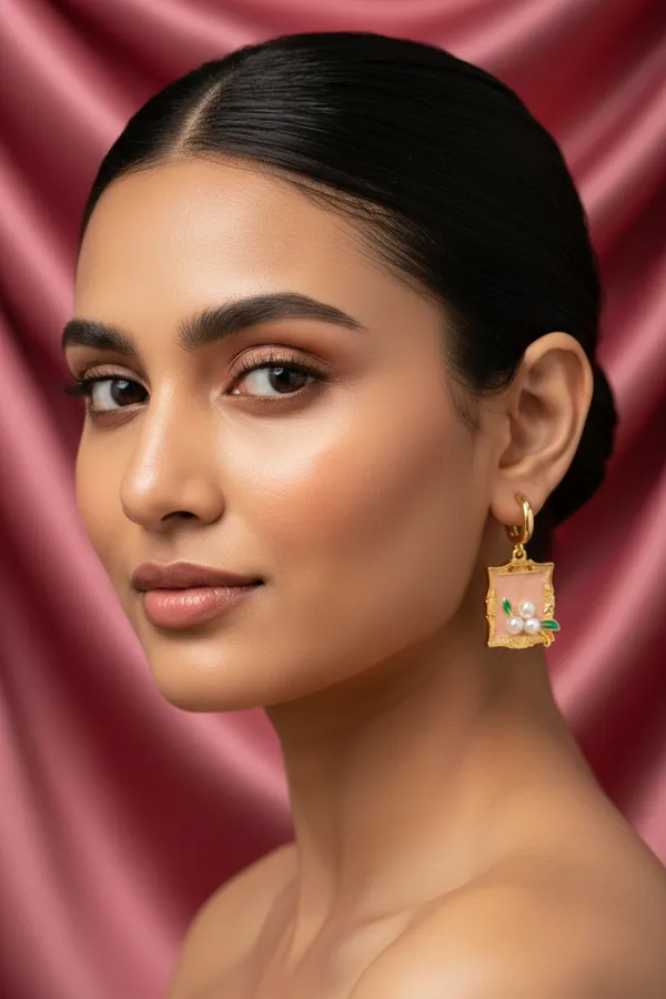 Multicolour_Elegant_Gold_Plated_Floral_Pearl_Frame_Earrings_With_Green_Enamel_Accents_For_Women