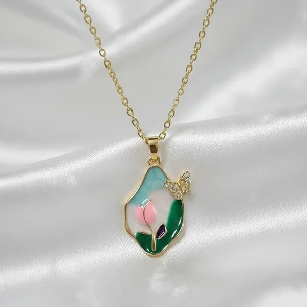 Multicolour_Elegant_Floral_Enamel_Pendant_Necklace_With_Butterfly_Accent_For_Women